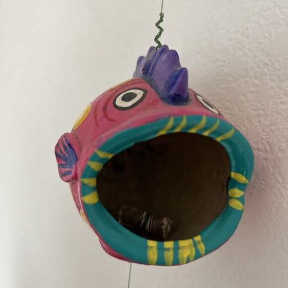 Hanging Puffer Fish on a String Mexican Hand Painted Coconut Wood Coastal Mobile - Picture 5 of 6